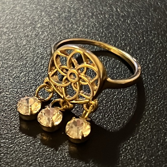 Whimsical Gold Plated Dream Catcher Medallion Crystal Rhinestone Dangle Ring - Picture 7 of 11